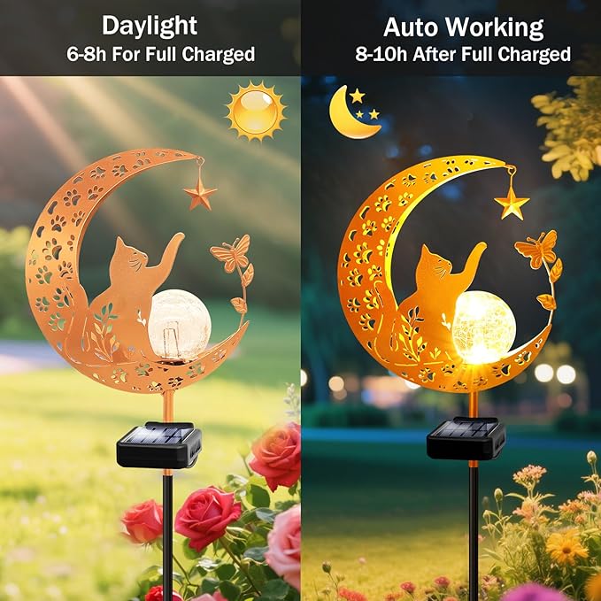 YJFWAL Garden Solar Cat Lights Pathway Stake Lights Glass Globe with Moon Cat Decor, Gifts for Mom Grandma Friends, Outdoor Decor Light Waterproof for Walkway, Yard, Patio or Garden (Warm White)