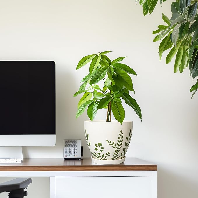 6.8 Inch Plant Pot - Ceramic Planter for Indoor Plants, Flower Pot with Drainage Hole and Saucer, Decorative Boho Round Outdoor Planter, Housewarming Gifts, Garden Room Decor, White