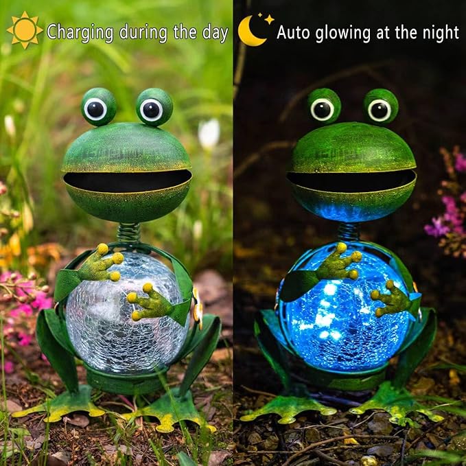 Topadorn Frog Garden Statue with Solar Lights, Outdoor Garden Metal Weatherproof Solar Frog Light Decor for Yard, Patio, Lawn, or Porch, 12" H, Gardening Ornaments Gifts