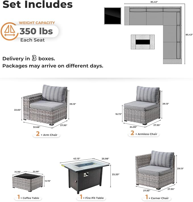 ovios 7 Pieces Patio Furniture Set, Outdoor Wicker Sectional Sofa with 42 Inch Fire Pit Table Comfy Cushions, Modern Modular Deep Seat Rattan Couch Conversation Set, Dark Gray Stripe