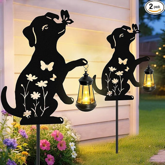 Solar Lights Outdoor, 2 Pack Metal Dog Solar Lights, Birthday Gifts for Women Mom Mother's Day Christmas, Waterproof Metal Hanging Lantern Stakes Garden Decor Outside Patio Yard Pathway Backyard,Lawn