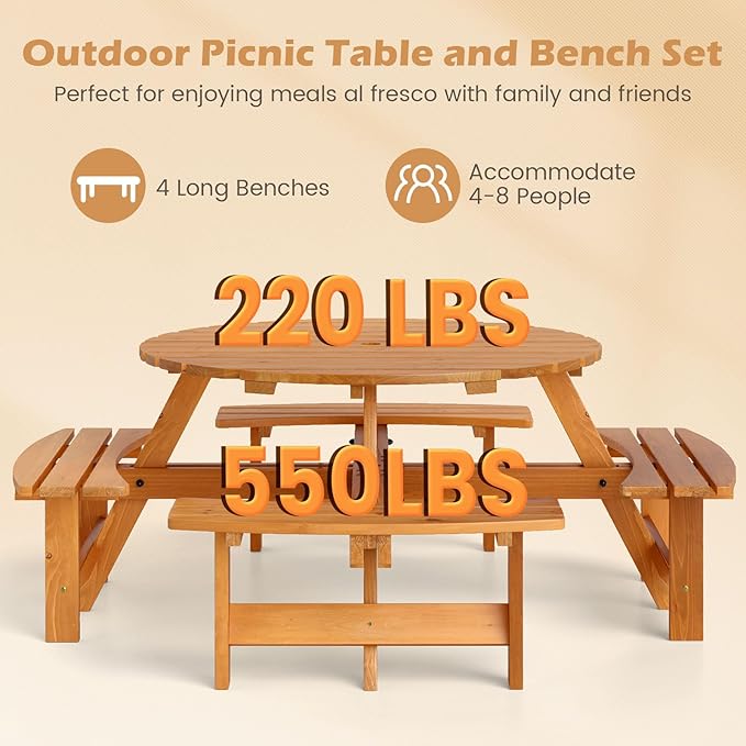 Giantex 8-Person Round Picnic Table Set with 4 Benches, 550 LBS Bench Capacity, 2" Umbrella Hole, Circular Outdoor Wood Dining Table & Chairs for Patio Yard Garden Porch Deck (71”x71”x28”,Yellow)