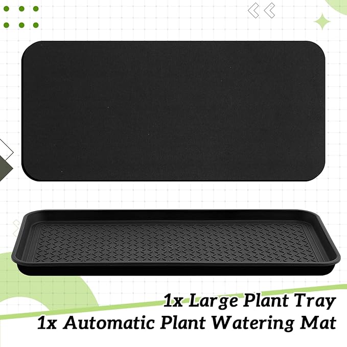 Vesici 2 Pack Large Self-Watering Plant Trays (30"x15") and 3mm Capillary Mat-Automatic Watering System for Indoor/Outdoor Plants, Durable Plastic Seedling Trays for Potted Plant, Garden