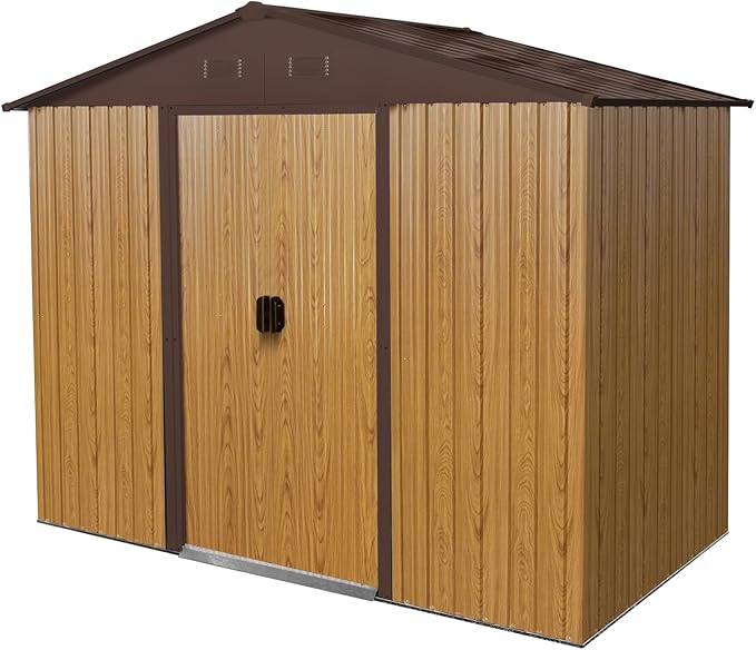 Outdoor Storage Shed, 8x4ft Metal Storage Shed with Vents and Metal Foundation, Lockable Sliding Door, All Weather Tilted Roof Tool Shed for Backyard, Patio, Lawn, Coffee