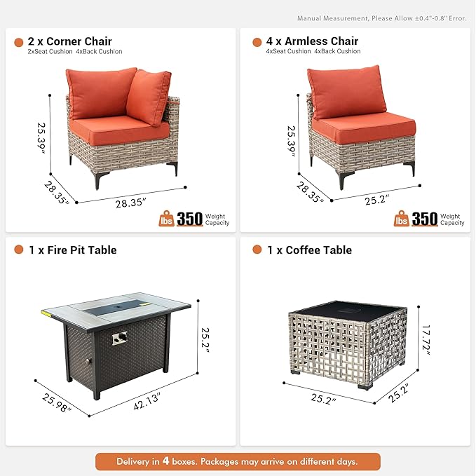 Outdoor Sectional Patio Furniture Set with Fire Pit Table and Glowing Table,8 Pieces Wicker Conversation Sets L Shaped Couch Out Door Sofa Set Outside Furniture for Garden Deck Yard,Red