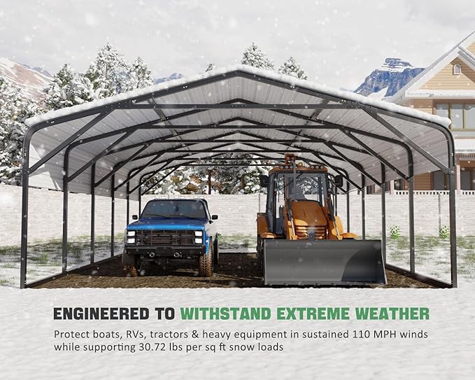 20x26 FT Heavy Duty Carport Garage with Structural Reinforcement | 2-Car Metal Shelter | Galvanized Steel Roof| Ground Anchors | Snow/Wind Resistant | Fits Trucks, RVs, Pickups, Boats, Tractors, SUVs