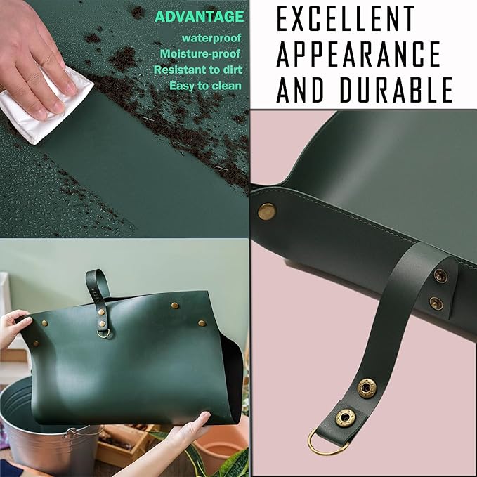 Thickened Leather Plant Repotting Mat, Indoor and Outdoor Potting Mat, 30" x 18" Foldable Tray with Mess Control (Dark Green)