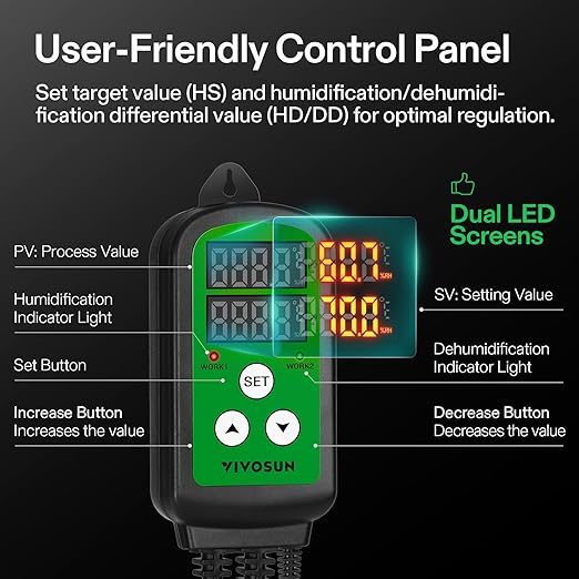 VIVOSUN Humidity Controller, 1200W Dual-Stage Outlet, Pre-Wired Digital Humidistat with Dual LED Displays for Humidifier/Dehumidifier/Fan, Ideal for Greenhouse, Grow Tent, Home-Brewing, Mushroom