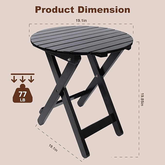 Outdoor Patio Side Table Set of 2 Small Folding Wood Round End Table Coffee Furniture for Living Room, Bedroom, Plant Stand, Camping Portable Black