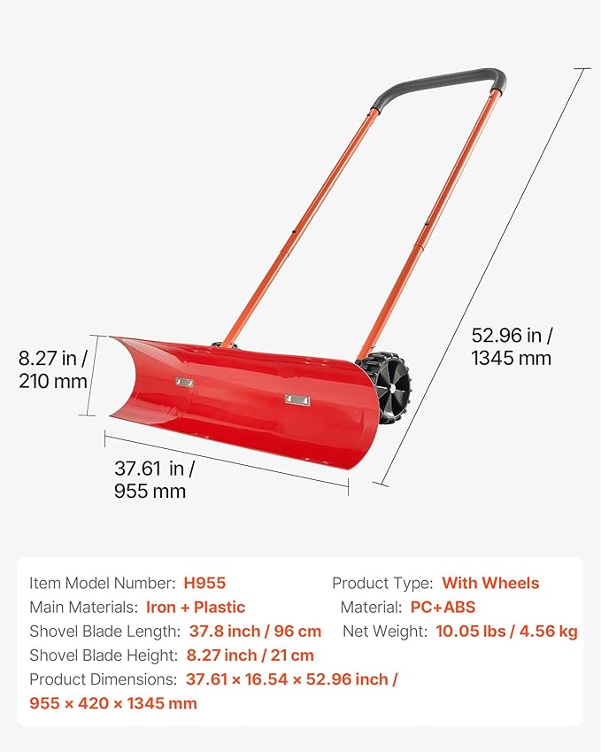 VEVOR 38-inch Snow Pusher Shovel with Wheels, Bi-Directional Heavy Duty Wheeled Push Snow Shovel for Driveway and Sidewalks with Angeled Blade