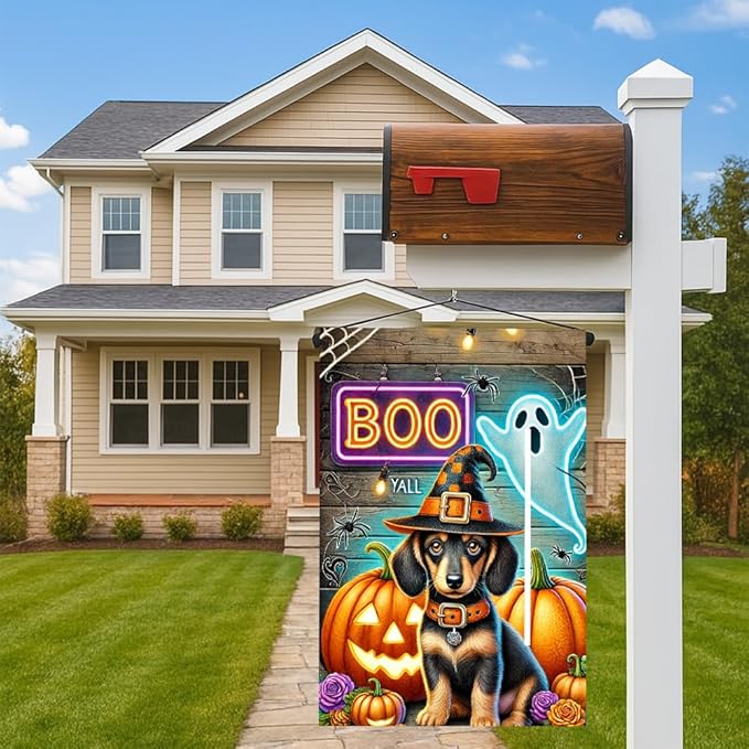 Halloween Pumpkin Puppy Dog Winter Garden Flag 12x18 Inch Double Sided Fall Flag