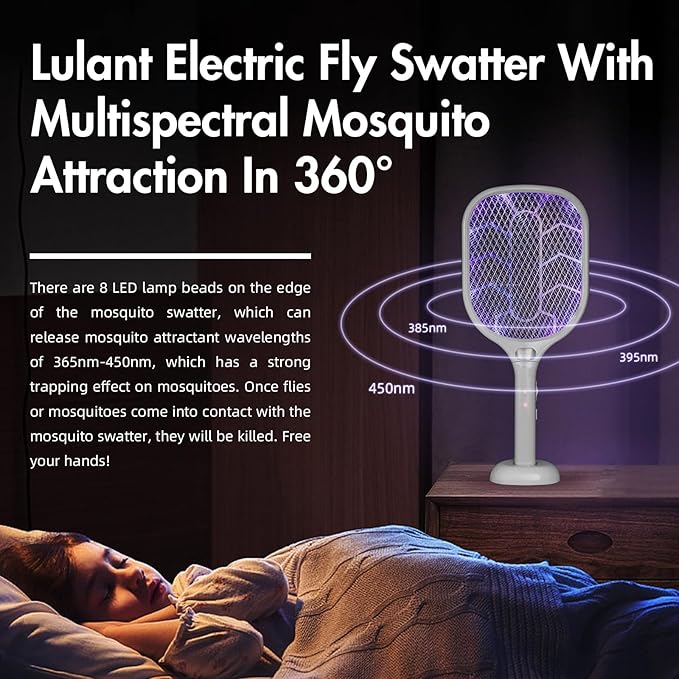 Lulant Electric Fly Swatter Racket,3000V Bug Zapper Racket,1800mA Battery Rechargeable Mosquito Killer, Type-C Rechargeable Base, Three-Layer Protective Safety Mesh for Indoor and Outdoor