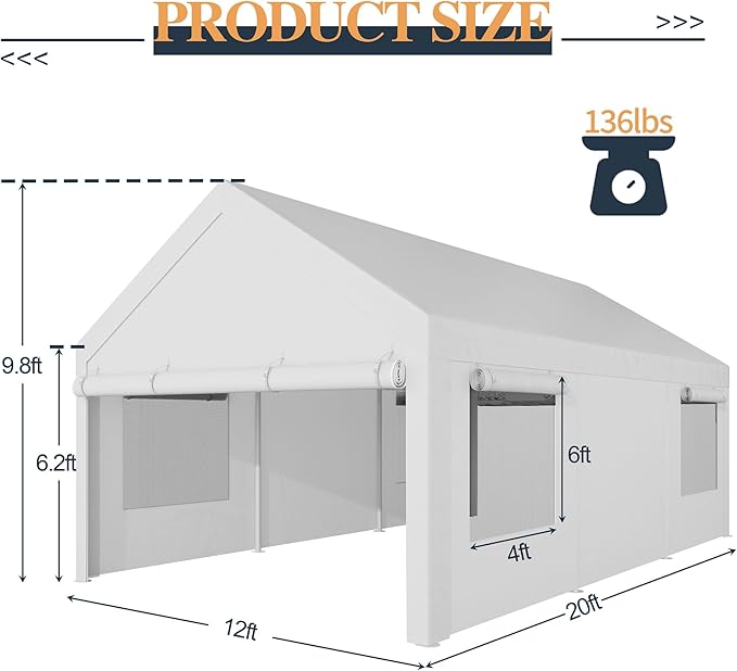 Shintenchi Portable Garage Canopy,12x20 FT Heavy-Duty Design Carport,Carport Canopy with Side-Opening Removable Door & Roll-Up Window,Portable Car Port for Car, Truck, Boat,White