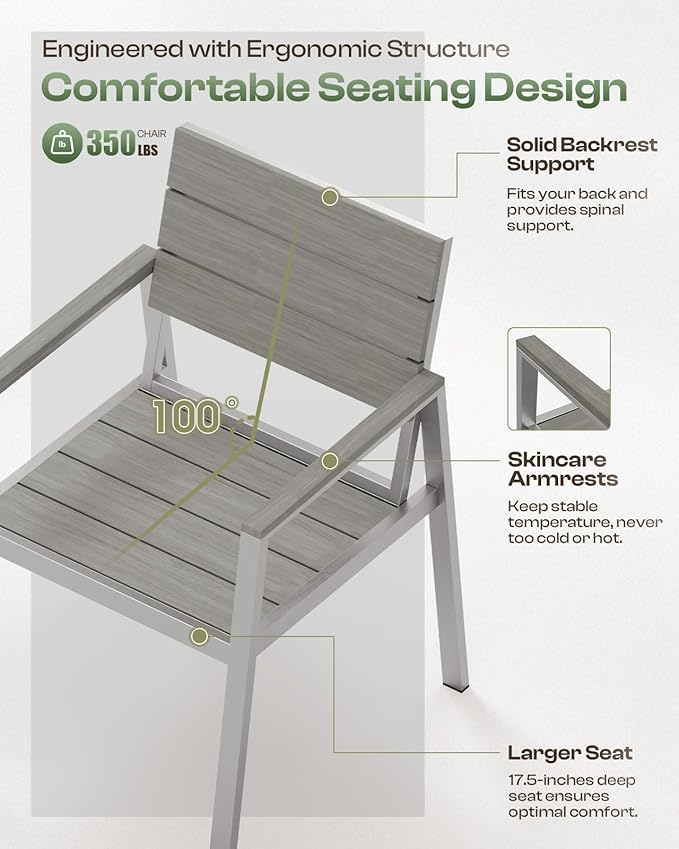 Outdoor Dining Set for 4, Patio Table and Chairs Set with Umbrella Hole, 5 Pieces HDPS Outdoor Furniture Sets for Patio, Garden, Backyard （Silver & Gray）