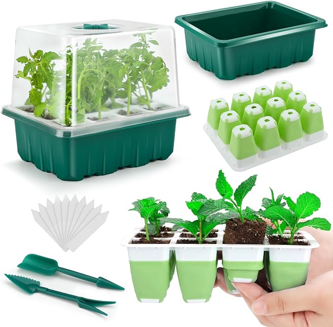 Seed Starter Tray, 24 Cells Indoor Seed Starter Kit, Flexible Silicone Designed Seedling Starter Trays, Germination Tray with Humidity Dome & Lids(4in Height), Reusable & Dishwasher Safe, BPA-Free