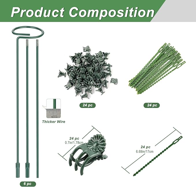 6 Pack (DIY) Plant Support Stakes, Three Sizes (12 or 24 or 36 inch) Plant Support Rings for Outdoor or Indoor, Garden Plant Stakes for Flowers Vegetable Roses Daffodils Tomatoes