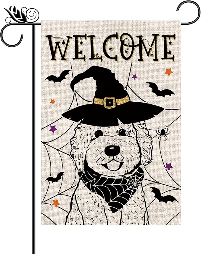 Halloween Garden Flag Golden Doodle Cobweb Bats Double Sided Vertical Welcome Flag Holiday Outdoor Yard Lawn Decorations 12.5 x 18 Inch