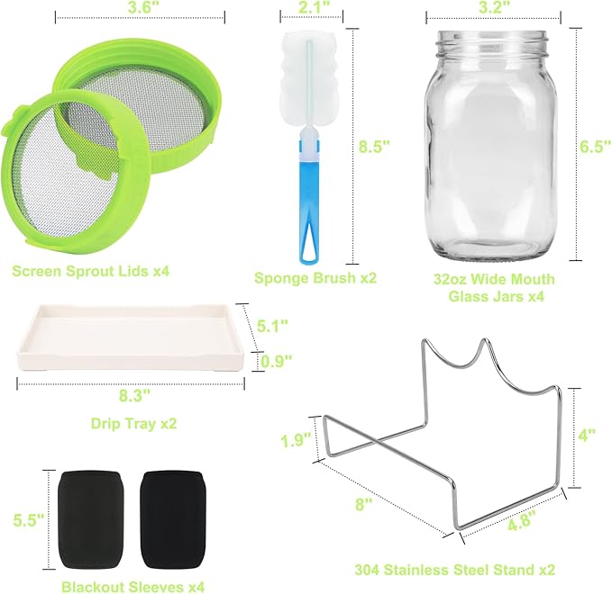 Lulonpon Sprouting Kit, 4 Sprouting Jar Kits, Wide Mouth Quart Mason Jars with Stainless Steel Screen Sprout Lids,1000ml Sprouts Growing Kit, Seed Sprouter Set for Growing Broccoli, Bean, Alfalfa ﻿