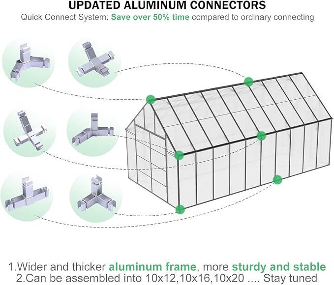 Large Greenhouse, 10x20 FT Easy Assembly Hybrid Polycarbonate Greenhouses for Outdoors w/Vent Windows & Swing Door Walk-in Greenhouses Aluminum Green House for Outside, Black