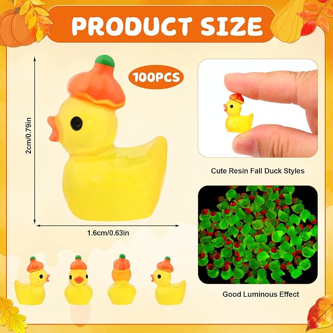 100Pcs Fall Mini Resin Duck Luminous Resin Duck Glow in The Dark Fall Mini Duck Halloween Tiny Animals Miniature Figurine for Fall Party Home Ornament Halloween Favor Miniature Landscape