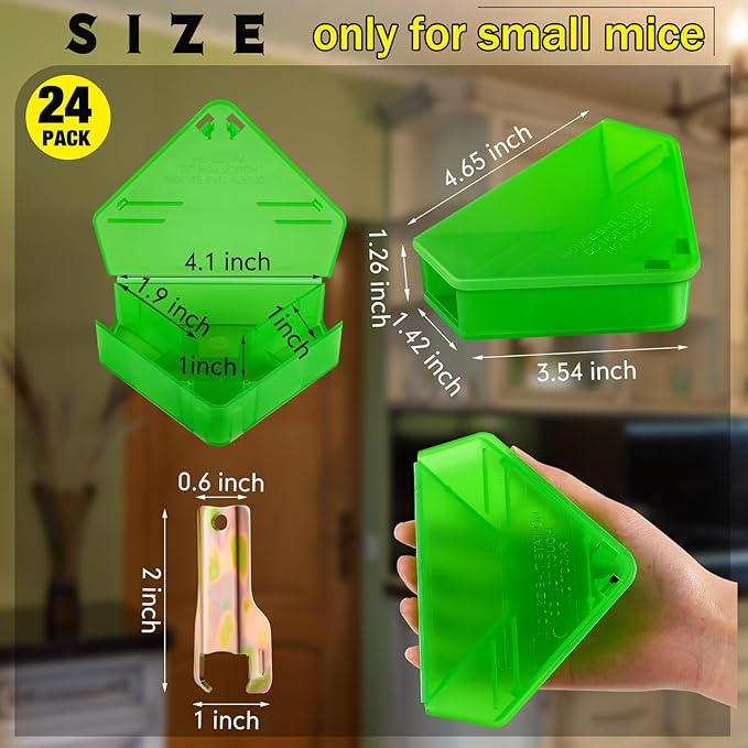 Qualirey 24 Pcs Mice Station with Key Triangle Bait Station Reusable Rodent Trap Bait Box, Keeps Children and Pets Safe Indoor & Outdoor, Bait Not Included, Suitable for Small Mice (Translucent Green)