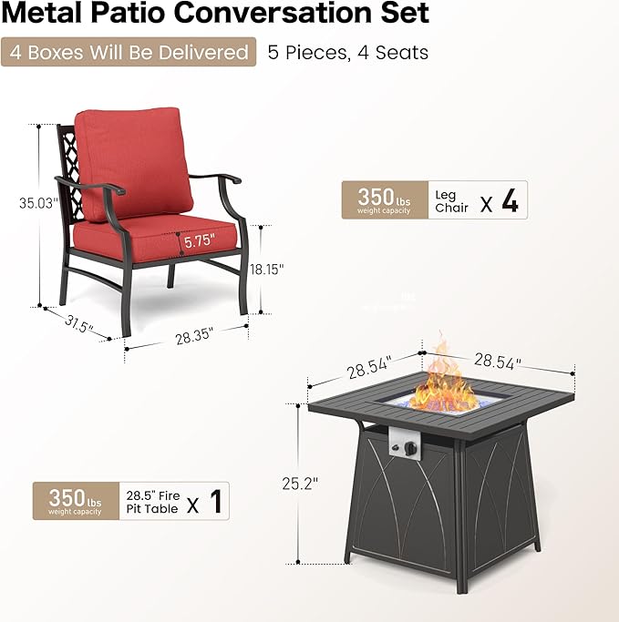 5 Piece Metal Outdoor Patio Furniture Set with Fire Pit Table, Patio Conversation Sets 4 Fixed Chairs with 5.75" Thick Cushion and 5000 BTU Fire Pit Table, Backyard Furniture, Red