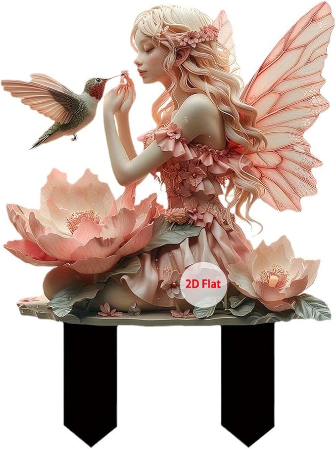 Fairy Garden Stake Decor, 2D Flat Acrylic Fairy Garden Decor Panel, Elf Yard Sign for Outdoor Indoor Yard Lawn Plants Pots, Fairy Yard Accessories (Fairy and Hummingbird)