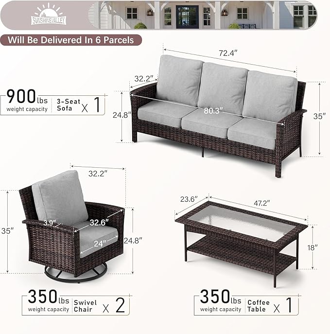 4 Pieces Patio Furniture Set with Swivel Chairs, High Back Wicker Rattan Sofa with Extra Thick Cushion and Coffee Table, Outdoor Conversation Set for Garden Backyard Deck, Grey