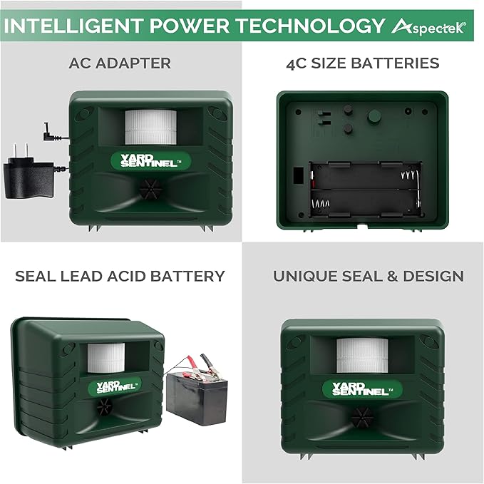 ASPECTEK Includes AC Adapter, Extension Cord Pest Repeller Yard Sentinel 2 Pack Outdoor Ultrasonic Animal Control, Green, Sound Frequency:15 kHz -18 kHz