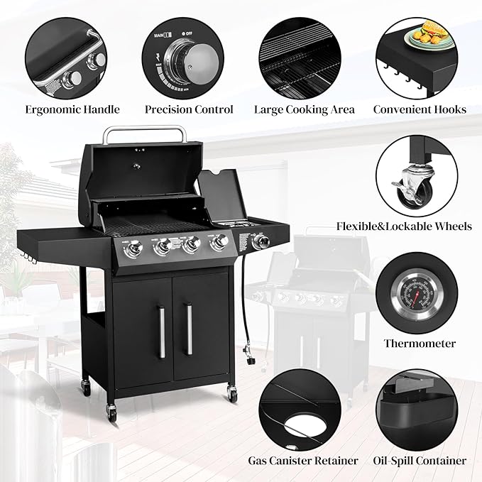 Bonnlo 4 Burner Propane Grills with Side Burner and Porcelain-Enameled Grates, 58000BTU Gas Grill with Side Shelf and Portable Rolling Wheels, Grill for Outdoor Cooking BBQ Patio Backyard