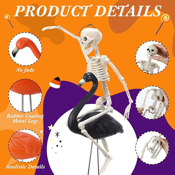 Geelin 12 Pcs Halloween Skeletons Flamingo Yard Decorations Skeleton Black Orange Flamingo Stakes for Halloween Lawn Garden Outdoor Party Decorations