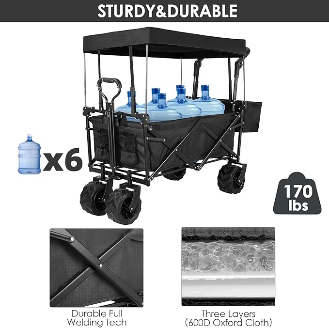 AthLike Extra Large Collapsible Wagon w/Removable Canopy, 250lbs/262L Capacity Foldable Garden Cart w/Rear Storage, Heavy Duty Push&Pull Utility Camping Beach Stroller w/Big Wheel&Adjustable Handles