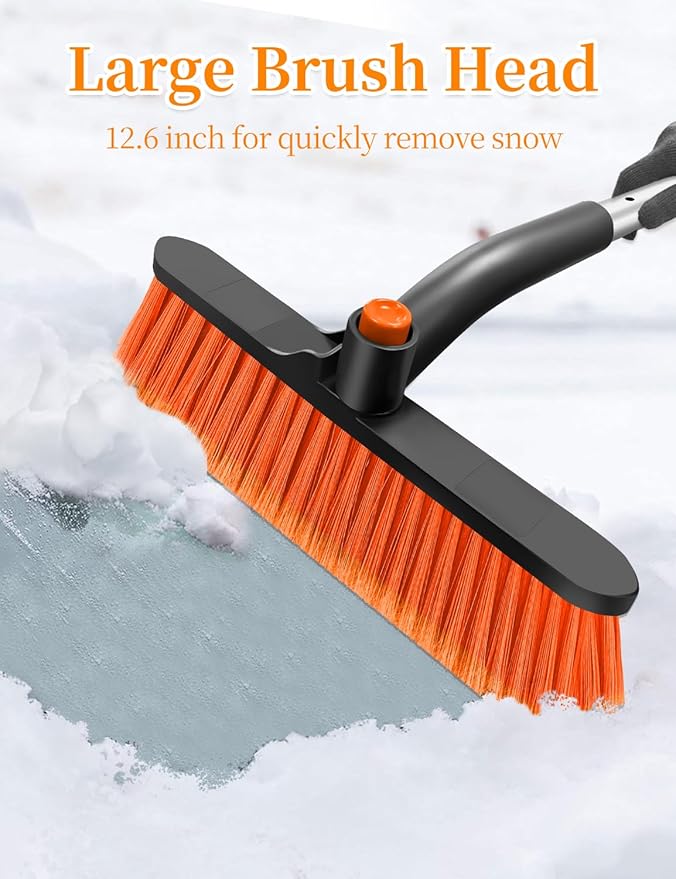 HEEYA Car Ice Scraper with 12.6 Inch Large Brush Head, Snow Brush and Ice Scraper for SUV Windshield Window, Extendable Snow Scraper for Truck Automobile Vehicle - Orange