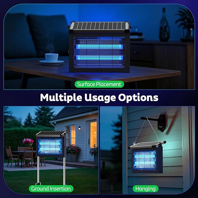 Solar Bug Zapper Outdoor, Mosquito Zapper Waterproof Electric Fly Zapper Rechargeable Mosquito Killer Lamp with 10W Solar Panel, 4500V Cordless Fly Trap for Backyard, Patio, Garden, RV, Camping