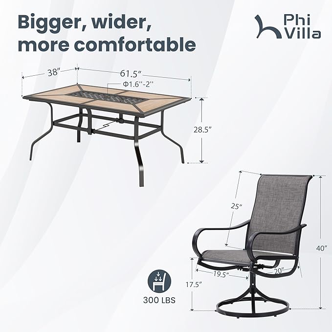 PHI VILLA 7 Piece Patio Dining Set, 6 Swivel Patio Chairs with Textilene Mesh Fabric & Rectangular Wooden-Like Dining Table(1.6"Umbrella Hole), All Weather Patio Chairs and Table Set for Deck (Brown)