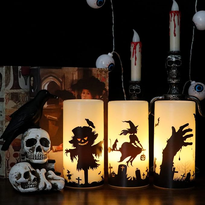 DRomance Halloween LED Flameless Pillar Candles Battery Operated Remote and Timer Real Wax Yellow Light Flickering Scarecrow Witch Ghost Hand Decals Halloween Candles Decoration Gifts(3 x 6 Inches)