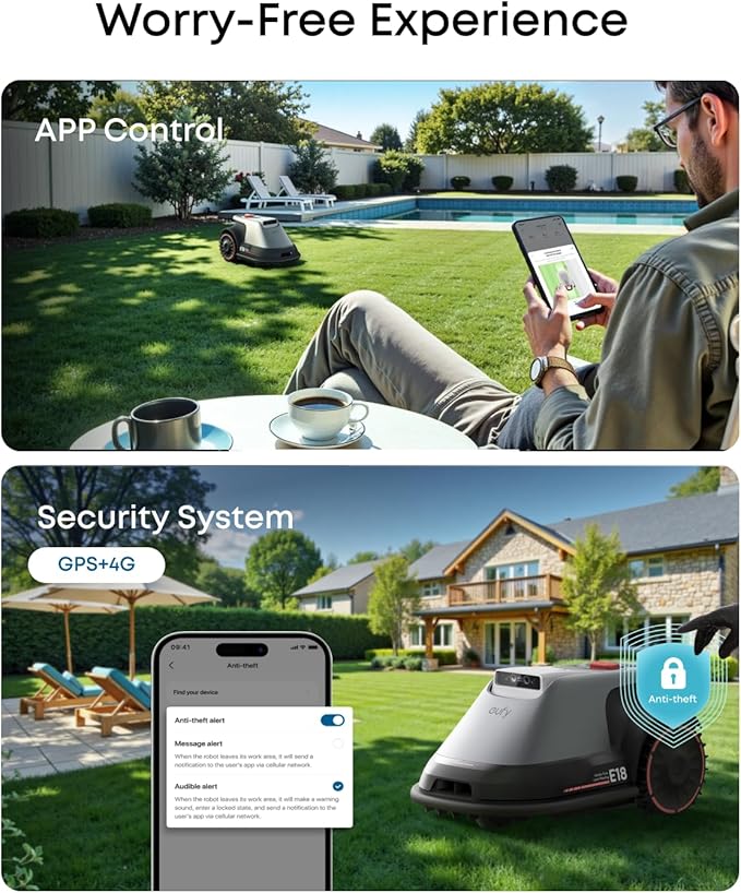 eufy E18 Robot Lawn Mower,Max 0.3 Acres,Wireless Robot Mower with Auto Mapping,Vision Navigation,Multi-Zone Management,Robotic Lawnmower with AI Obstacle Avoidance,APP Control,18°Slope,Cut Height1-3"