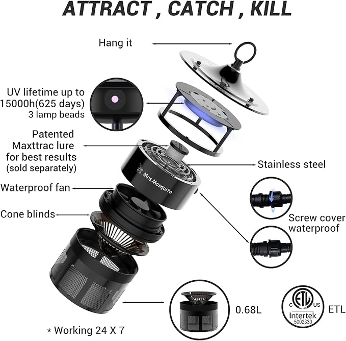 Outdoor Mosquito Trap – Premium Stainless Steel Insect Killer with UV Light & Octenol Lure, Rainproof, Ultra-Quiet, 15,000-Hour Lamp Life, Safe for Family & Pets