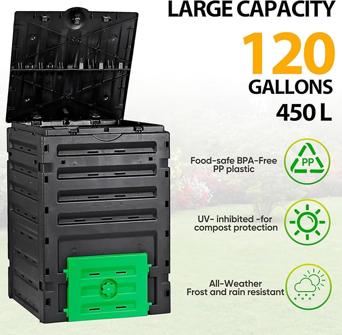 120 Gallon (450L) BPA Free Garden Compost Bin - Easy Assembly, Aerating Outdoor Compost Box for Fast Fertile Soil Creation