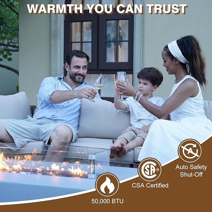 3-Piece Outdoor Propane Fire Pit Table Set – Premium Marble-Like MgO Finish, 56-Inch Gas Fire Table with Tank Table & Glass Wind Guard for Patio, Garden & Backyard, Includes Rain Cover & Lava Rocks