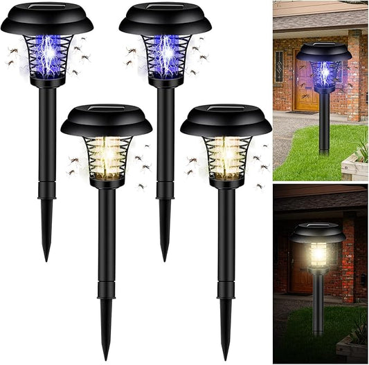 Qualirey 4 Pcs Solar Bug Zapper Waterproof Mosquito Zapper Killer and Lighting Repellent Lamp for Indoor Outdoor Use Garden Patio(Plastic,Black Exterior/Purple & Warm Light)