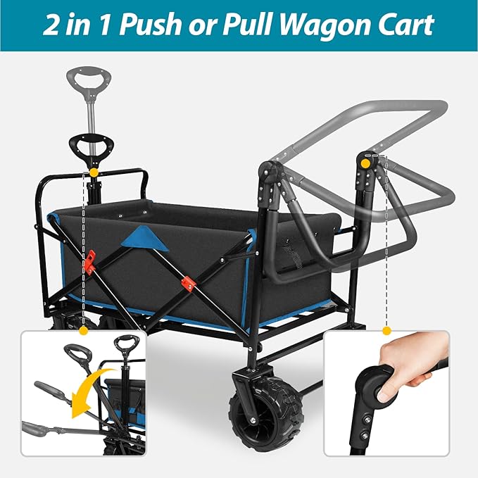 Taifa Foldable Collapsible Wagon Cart with Extra Push Pull Handle, Heavy Duty Portable Folding Beach Utility Grocery Wagon Cart with Big Wheels and Brakes for Sand, Camping, Shopping, Black and Blue