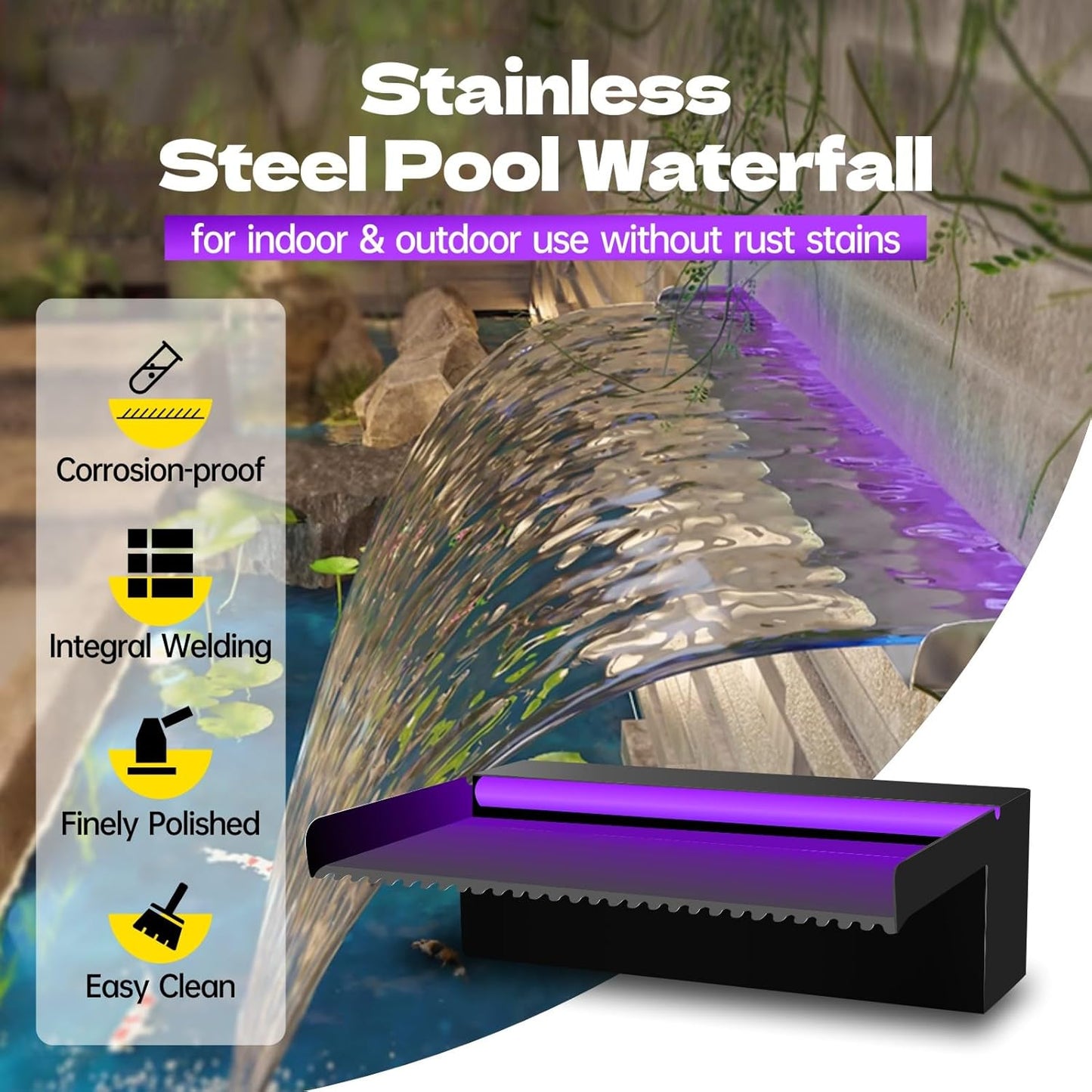 Pool Waterfall Spillway Stainless Steel Pond Fountain, APP Control Colorful LED Lighted Outdoor Black Fountains, Water Flow Spillways Kit for Koi Pond, Swimming Pool, Garden-11.8"x7.8"x3.9"