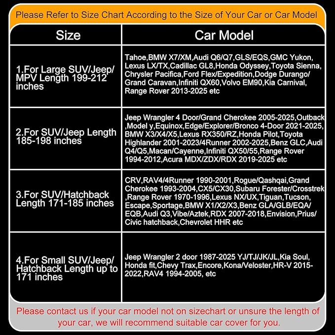 Full Enclosed SUV Car Cover Universal Fit Wrangler 4 Door/Grand Cherokee,Outback,BMW X5,Lexus RX350,Model y,Equinox,Edge,4Runner/Highlander,Pilot,Audi Q5,Infiniti QX50/55/70,Macan/Cayenne,MDX