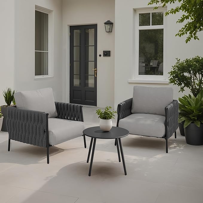 EAST OAK Modern 3 Pieces Patio Conversation Set, Armchairs with Coffee Table, Outdoor Furniture Set with Cushion, Earth Black & Misty Grey