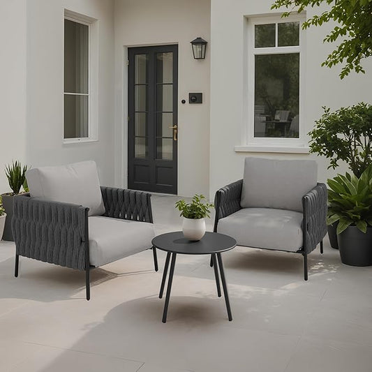EAST OAK Modern 3 Pieces Patio Conversation Set, Armchairs with Coffee Table, Outdoor Furniture Set with Cushion, Earth Black & Misty Grey