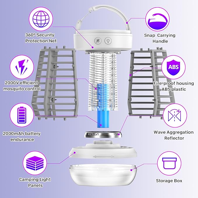 Upgraded Fly Traps,3 in 1 Bug Zapper Outdoor & Indoor, Electric Mosquito Killer Lamp with 2000V Grid & On/Off Switch, Mosquito Traps for Kitchen, Patio, Backyard, and More (White)