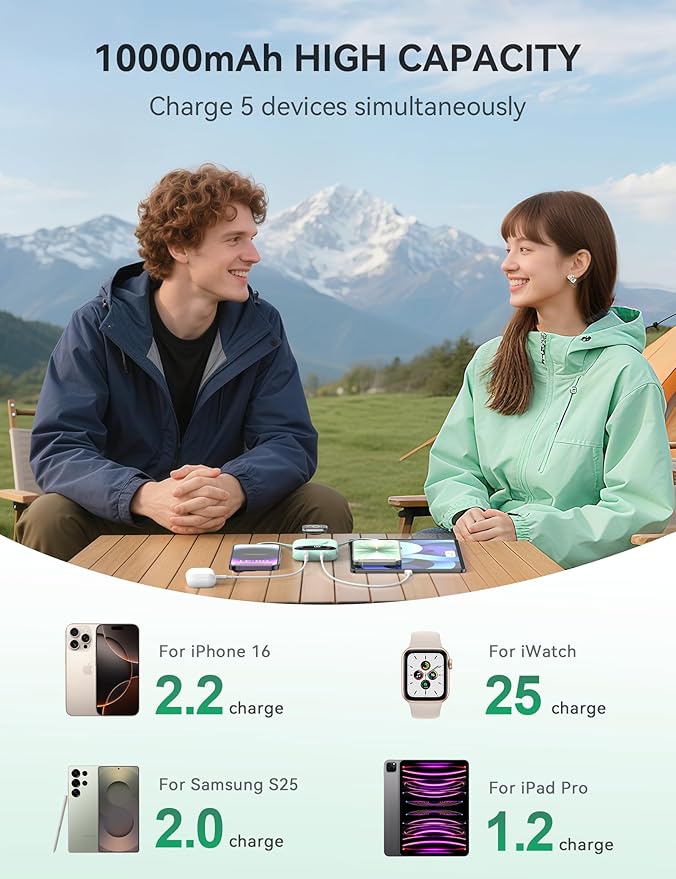 Portable Power Bank, 10000mAh 22.5W Fast Charging Phone Charger with Built-in Cables, Travel Essential Battery Pack with LED Display, Keychain Battery Bank for iPhone, iWatch 10/9/8/7/6/SE/5/4 Green