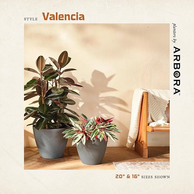 ARBORA 16" Valencia Polyresin Indoor and Outdoor Planter with Stone Blend Concrete Gray Finish - Durable, Weatherproof, Lightweight, Large Plant Pot for Patio, Garden, Deck, Entryway