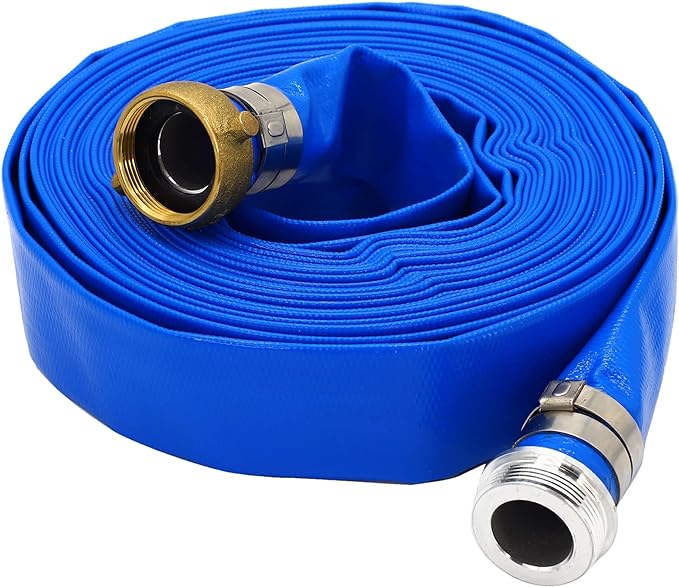 DAVCO 1.25" ID x 50 ft Pool Backwash Hose, Heavy Duty Reinforced Blue PVC Lay Flat Water Discharge Pump Hoses For Swimming Drain Pools and Clean Filters, With Aluminum Pin Lug Fittings